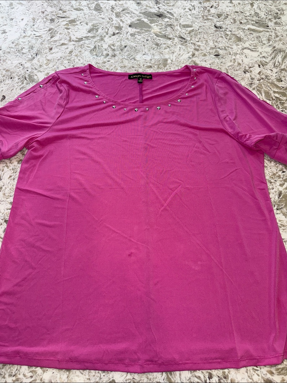 Fuchsia Short Sleeve Scoop Neck Top with Stud Detail